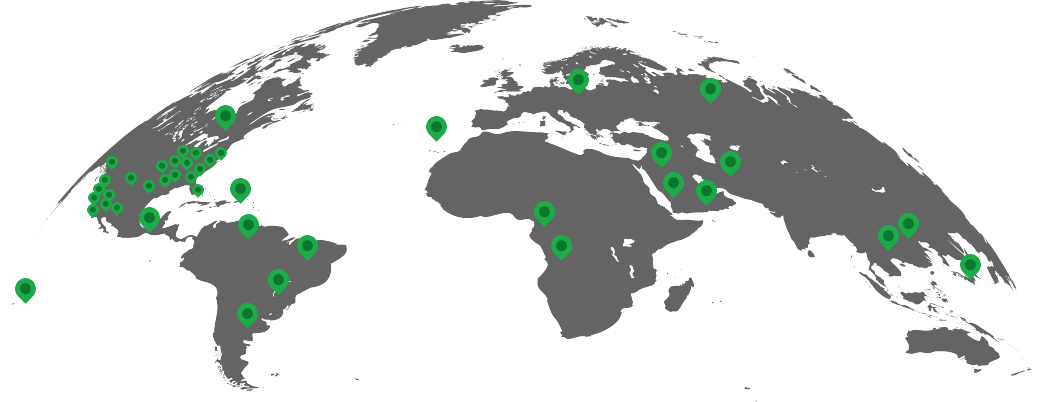 a map of the world with green dots